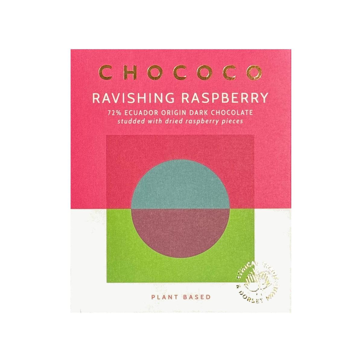 Chococo Ravishing Raspberry dark chocolate bar in a pink and green wrapper