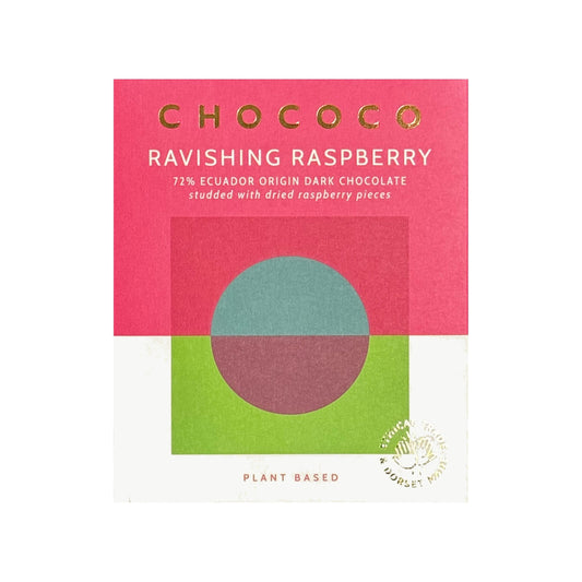 Chococo Ravishing Raspberry dark chocolate bar in a pink and green wrapper