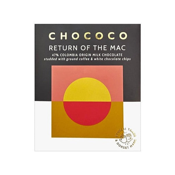 Chococo Return of the Mac Colombian milk chocolate bar in a pink, orange and yellow wrapper