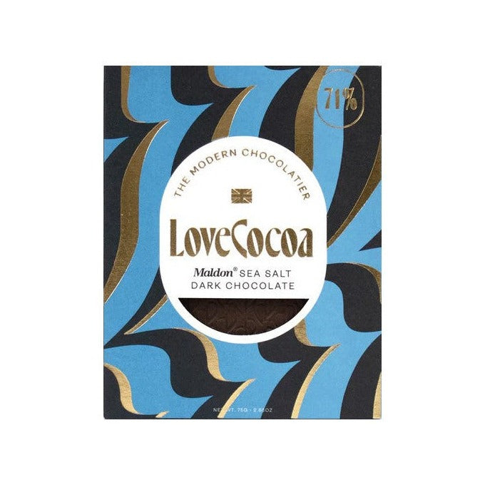 Love Cocoa Maldon Sea Salt 71% dark chocolate bar in a blue and black wrapper