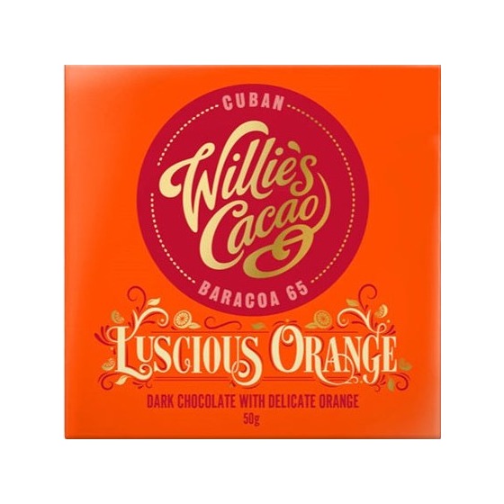 Willie's Cacao Luscious Orange 65% Cuban dark chocolate bar in an orange wrapper