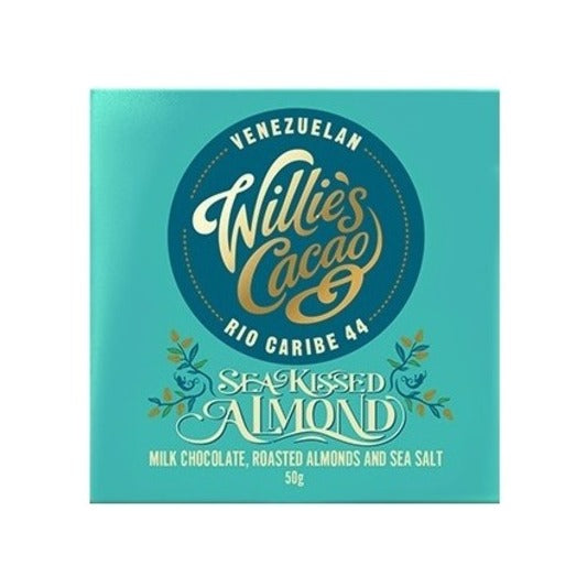 Willie's Cacao Sea Kissed Almond Venezuelan milk chocolate bar in a turquoise wrapper