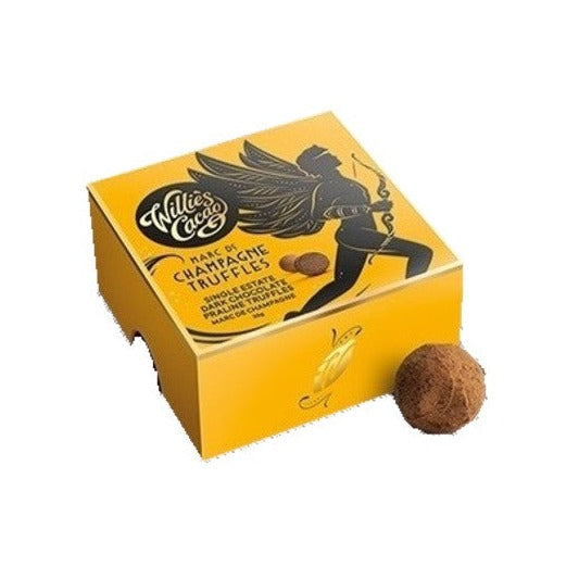 Willie's Cacao Champagne Truffles in a yellow box with a cocoa-dusted truffle