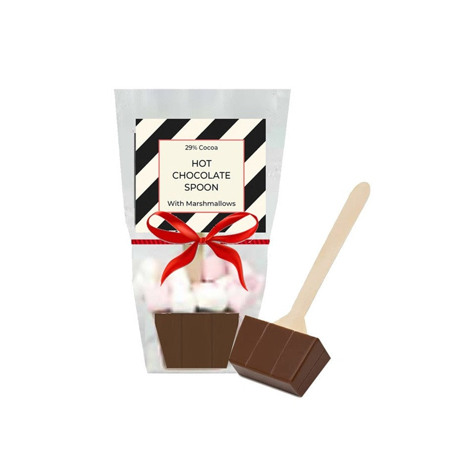 Milk chocolate hot chocolate spoon with mini marshmallows in a clear bag with a red ribbon