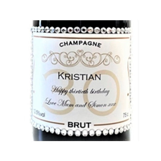 Personalised Champagne label with crystal gems all around the label