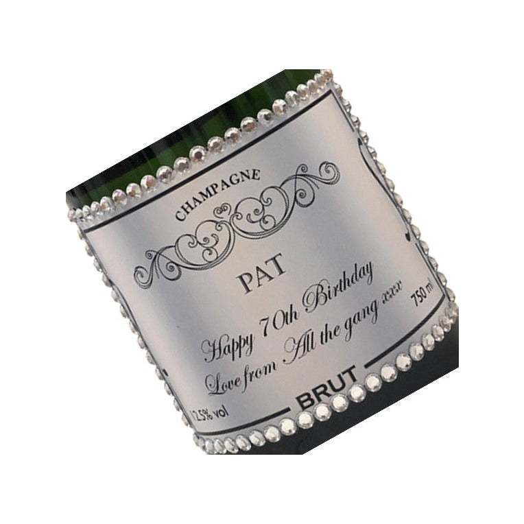 Personalised 30th birthday Champagne label edged with crystal gems