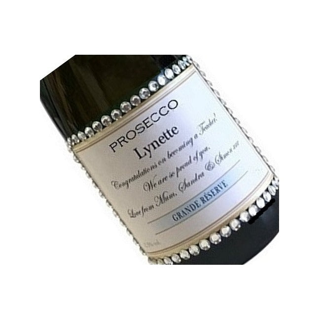 Personalised 70th birthday Champagne label edged with crystal gems
