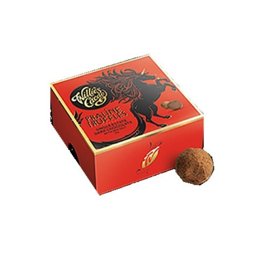 Willie's Cacao Dark Chocolate Sea Salt Truffles in a red box with a cocoa-dusted truffle