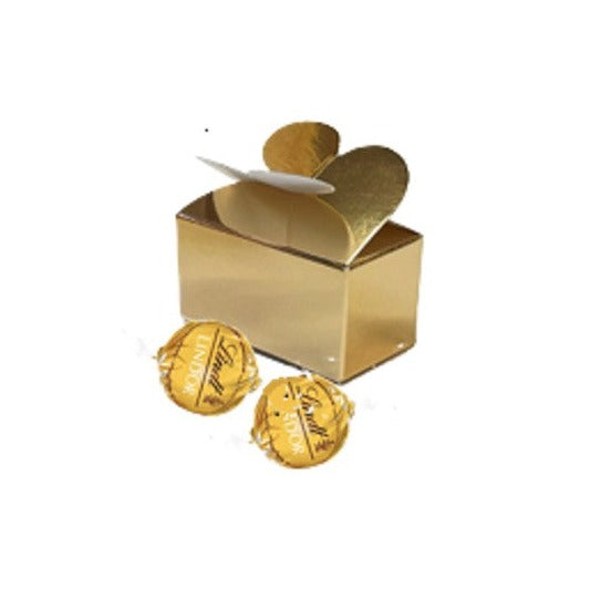 Small gold butterfly-top gift box with two luxury Swiss truffles