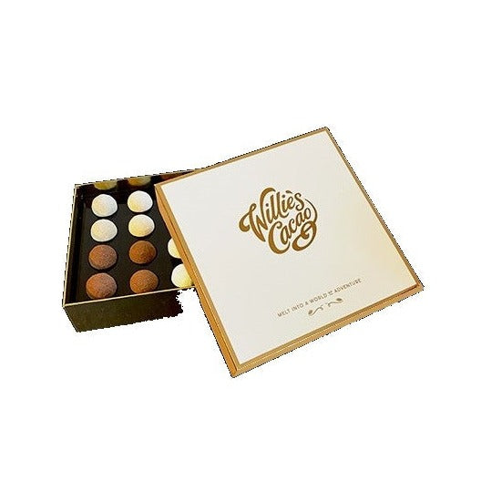 Open gold box of 16 Willie's Cacao milk chocolate truffles