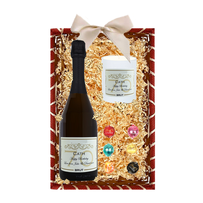 Personalised prosecco candle and chocolates birthday hamper