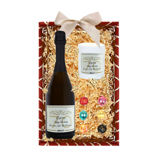 Personalised prosecco candle and chocolates birthday hamper
