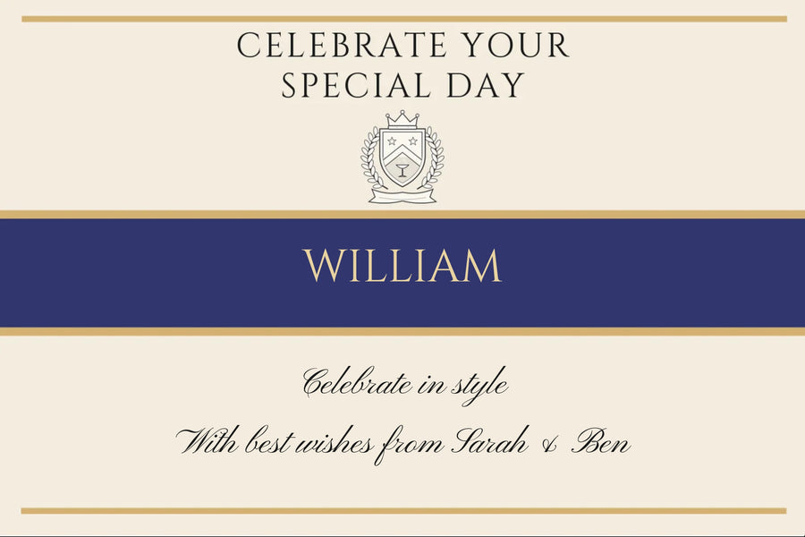 Regal personalised birthday Champagne label: cream, a navy and gold band and crest, 'Celebrate Your Special Day'
