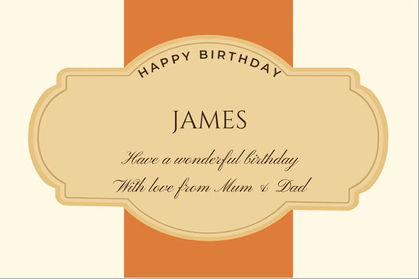 Vintage-style birthday Champagne label: a gold medallion on a burnt-orange band with curved 'Happy Birthday'