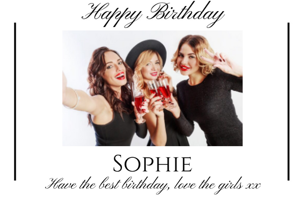 Happy Birthday photo label printed with your own photo, a name and short message – a gift they'll keep