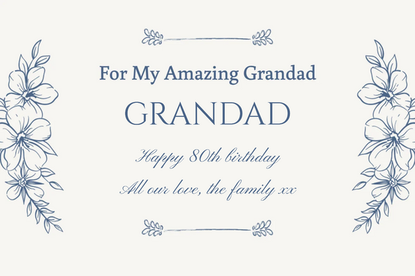 For My Amazing Grandad champagne label with blue hand-drawn florals, name and script message