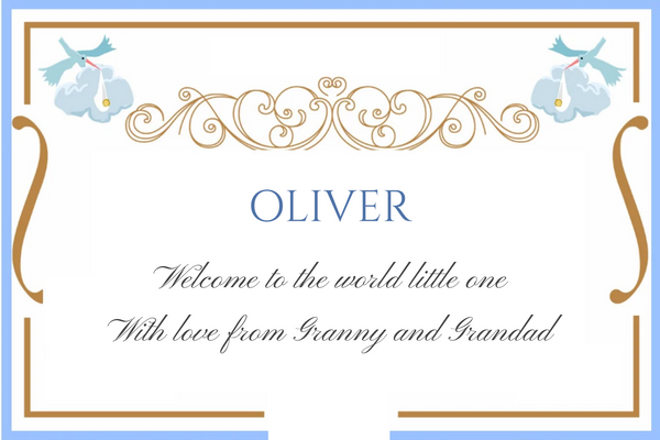 Heritage-style new baby Champagne label with blue storks and a gold scroll frame for the baby's name