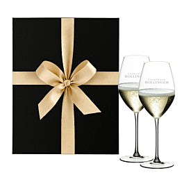 Two Bollinger Elizabeth Tulip Champagne flutes in a black gift box
