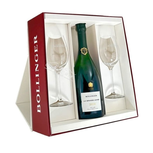 Bollinger La Grande Année Champagne with two Bollinger flutes and gift box