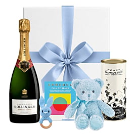 Bollinger Champagne new baby boy gift hamper with teddy bear and treats