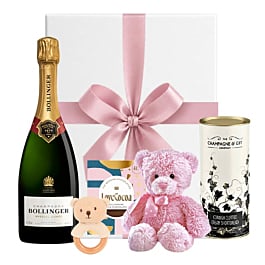 Bollinger Champagne new baby girl gift hamper with teddy bear and treats