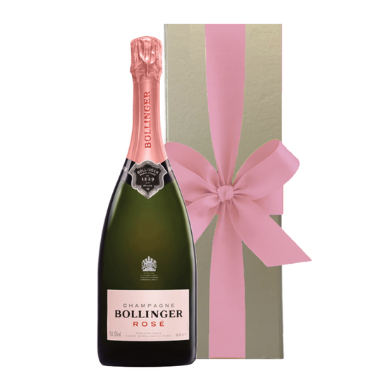 Top Champagne gift for her. Bollinger Rosé Champagne gift beatifully boxed in a gold gift box with a hand-tied-pink ribbon.