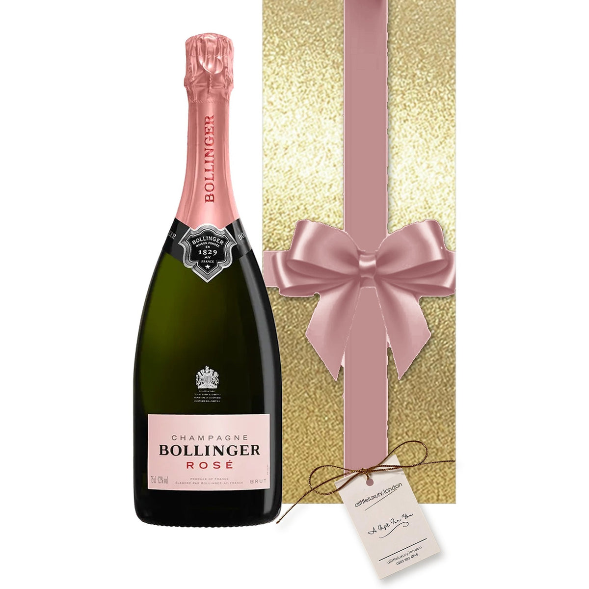 Bollinger Rosé Champagne gift-wrapped in Classic Gold wrap with a large hand-tied bow and A Little Luxury gift tag