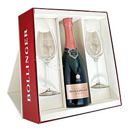 Bollinger Rosé Champagne with two Bollinger flutes and gift box