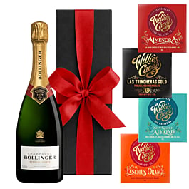 Bollinger Special Cuvee Champagne in black gift box with four Willie's Cacao artisan chocolate bars