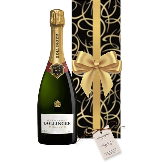 Bollinger Special Cuvée Champagne hand gift-wrapped in Smart Black & Gold Swirl wrap with an A Little Luxury gift tag