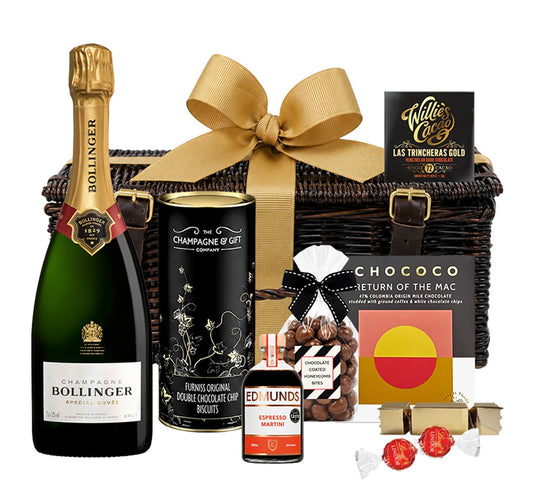 This deluxe hamper starts with Bollinger Special Cuvée Champagne and meets Edmunds Espresso Martini, chocolate & biscuits in a luxury dark wicker hamper. All beautifully presented with a large gold bow and a gold chocolate cracker.