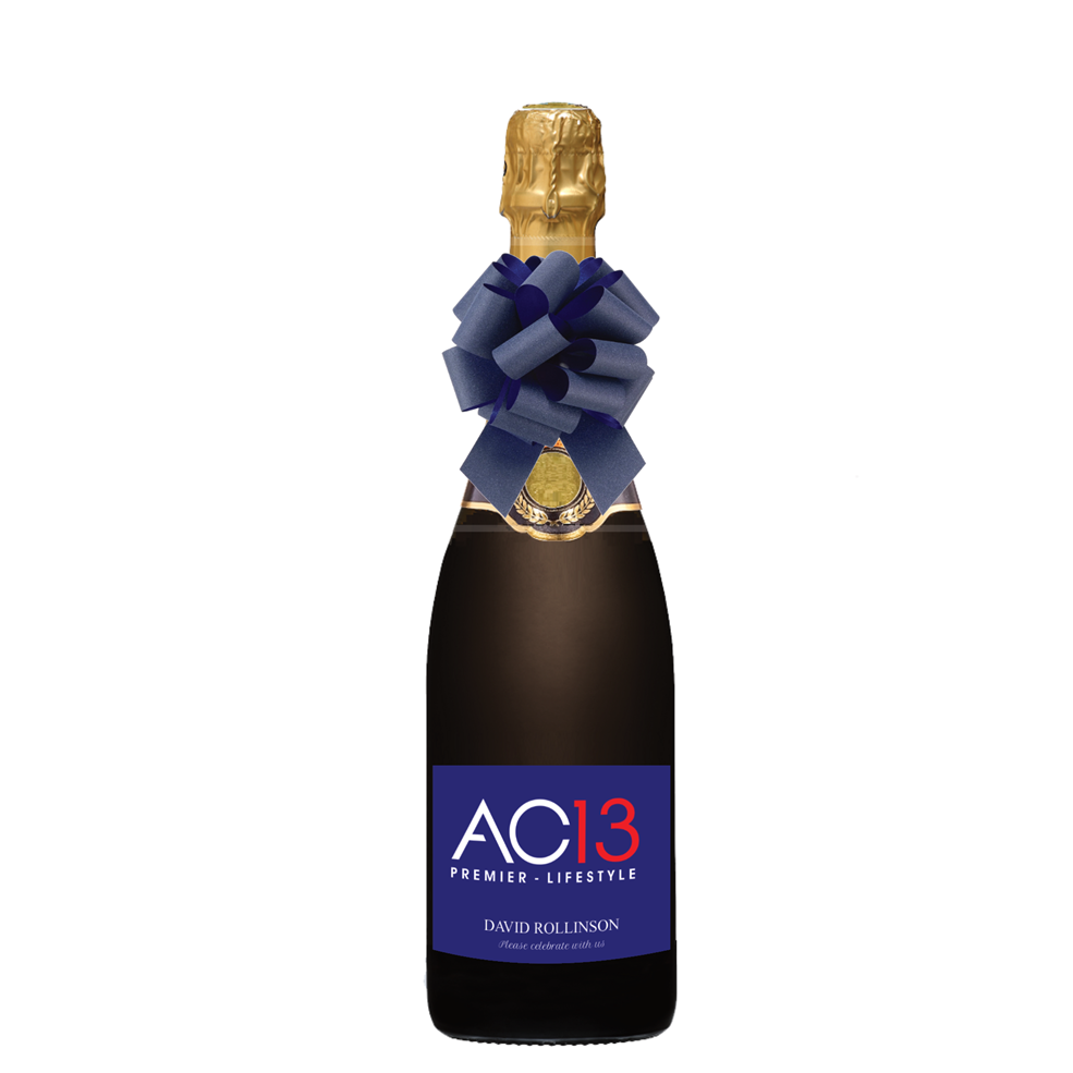 Corporate Champagne gift -  Signature Grande Réserve Brut Champagne branded with your company logo on a smart gold label — a high-end corporate gift