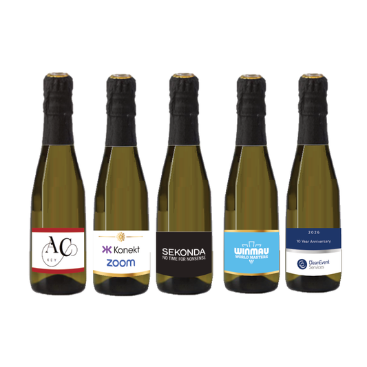 Corporate branded mini Prosecco bottle with your custom company logo — a smart gift for clients and colleagues