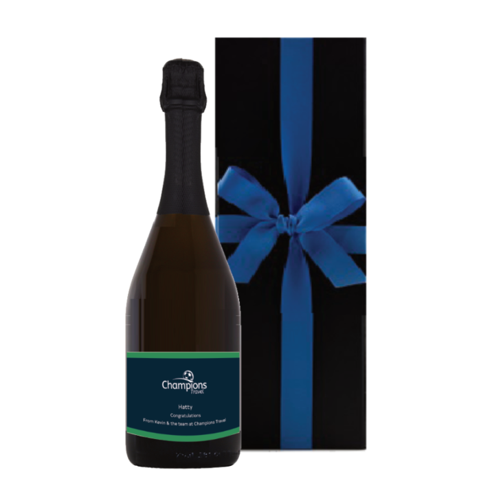 Corporate branded Prosecco Classic Cuvée in a black gift box, custom logo label.