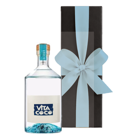 Personalised Volcán Blanco Tequila bottle with a custom label, presented in a luxury black gift box