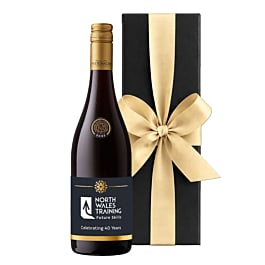 Branded Cabernet Sauvignon presented in a black gift box with ribbon