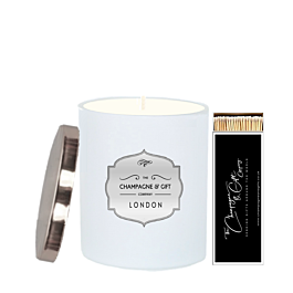 Soft Serenity personalised candle with silver lid and long matches