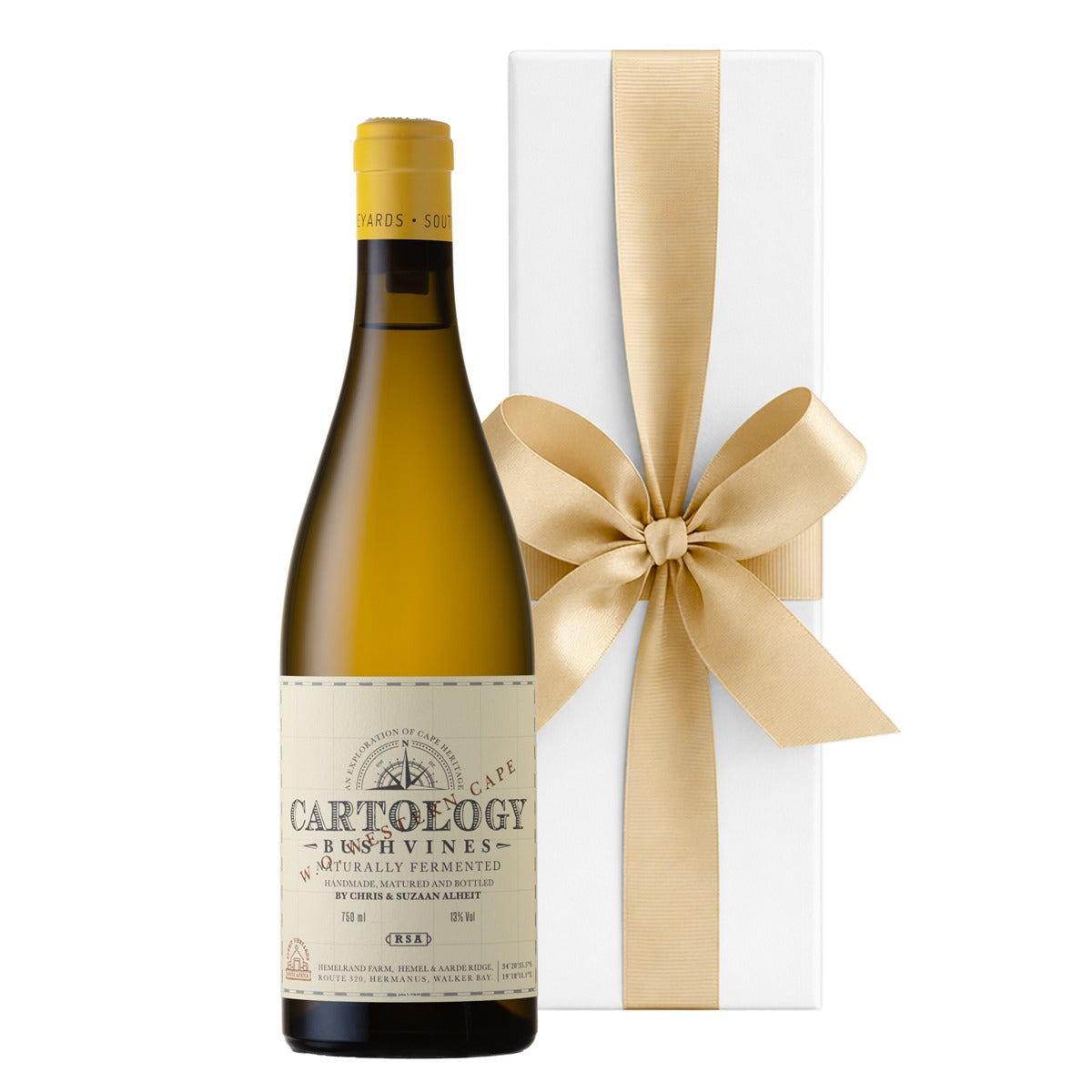 Alheit Vineyards Cartology Chenin Blanc from the Western Cape in a luxury white gift box with ribbon