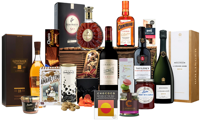 Extra large wicker hamper with Bollinger La Grande Année, Glenmorangie 18, Rémy Martin XO, port, Malbec and luxury treats