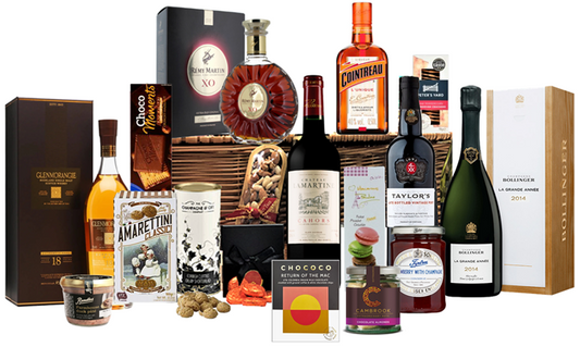 Extra large wicker hamper with Bollinger La Grande Année, Glenmorangie 18, Rémy Martin XO, port, Malbec and luxury treats