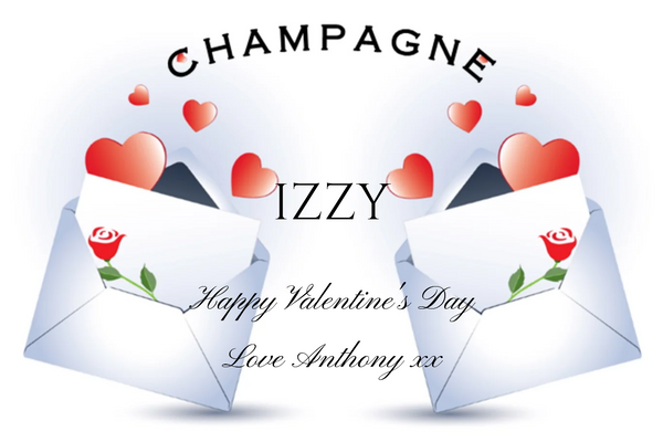 Love letter Champagne label with two open envelopes, red hearts and roses, a name and Valentine's message