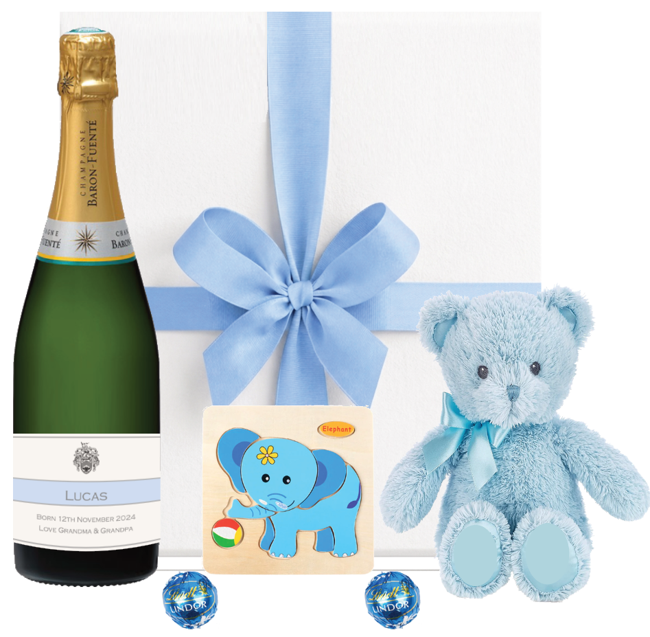The New Baby Boy Champagne, Teddy & Truffles Hamper