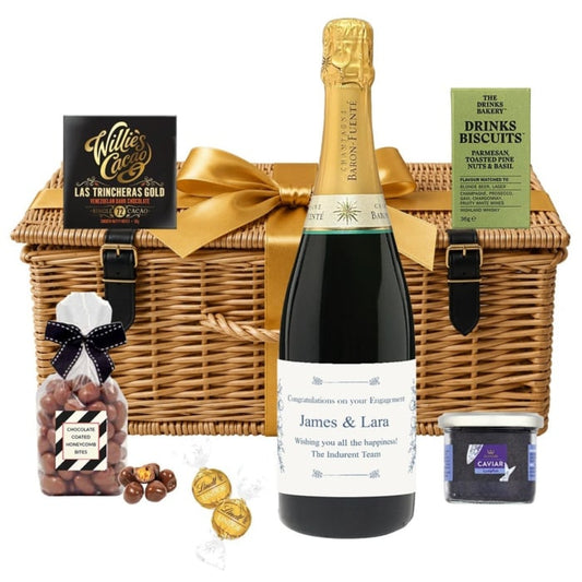 Personalised Champagne, caviar and chocolate wicker hamper