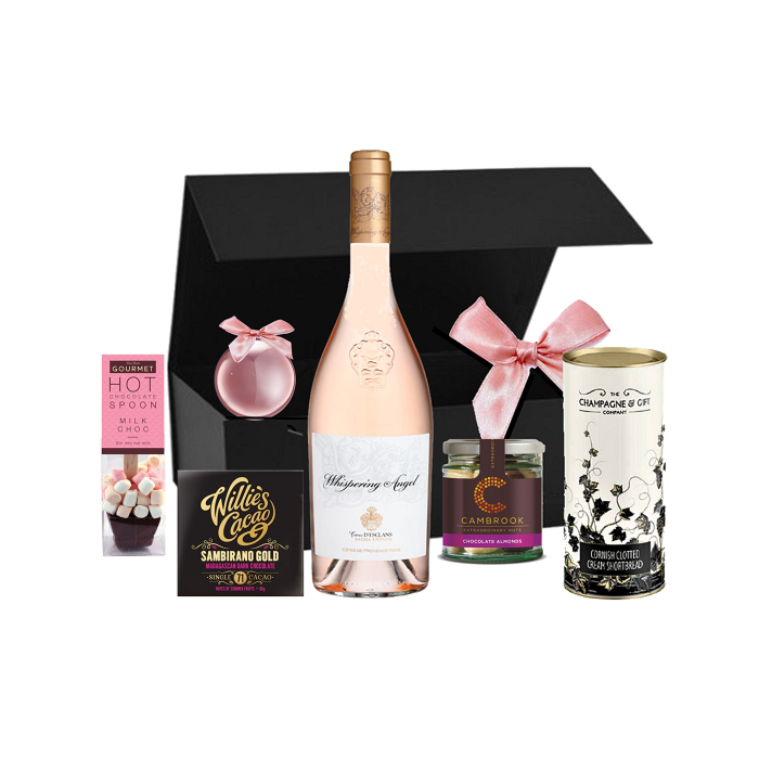 Christmas en Provence Whispering Angel rose wine hamper with bauble, chocolate and shortbread in a black box