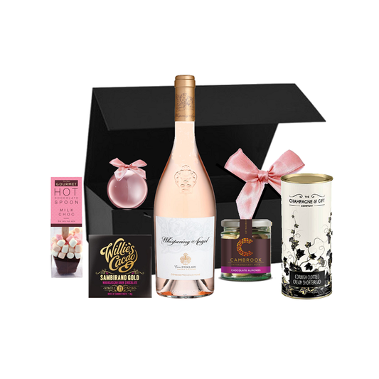 Christmas en Provence Whispering Angel rose wine hamper with bauble, chocolate and shortbread in a black box