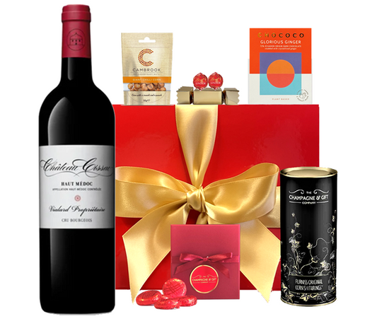 Christmas Is Coming wicker hamper with Château Cissac Haut-Médoc red wine, chocolates and festive treats