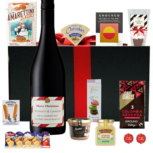 Wine branded with logo. Christmas hamper with Cabernet Sauvignon, paté, crackers, coffee and chocolate in a gift box.