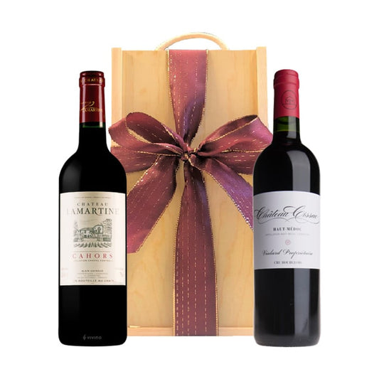 Two Prestige French Red Wines in a Wooden Gift Box