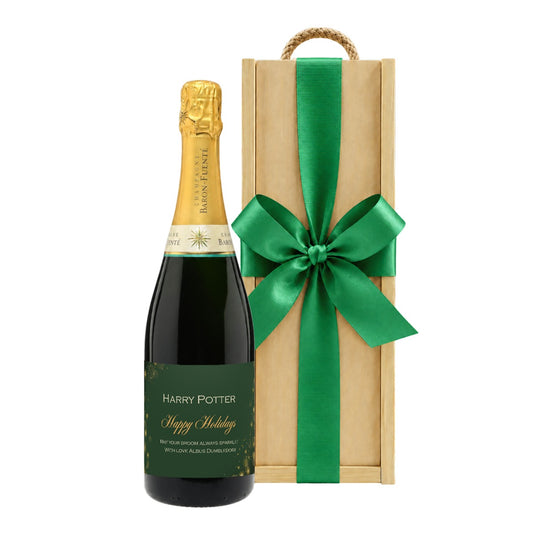 Personalised Christmas Champagne Classic Cuvée with festive label in a luxury wooden presentation box with large ribbon