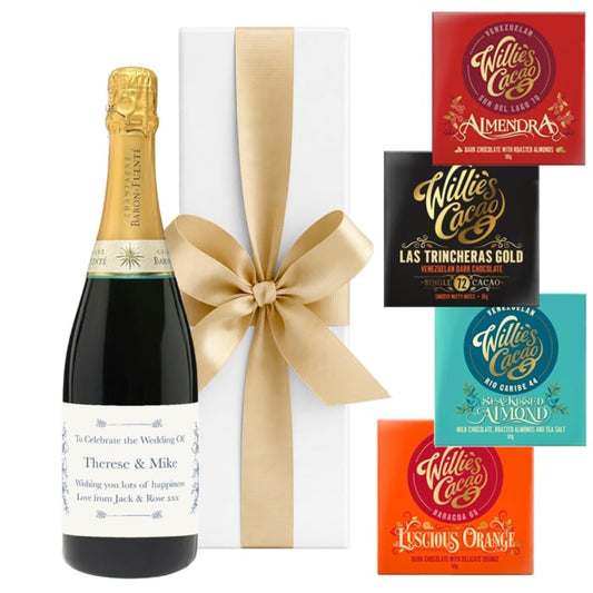 Personalised Champagne with four chocolate bars, white box